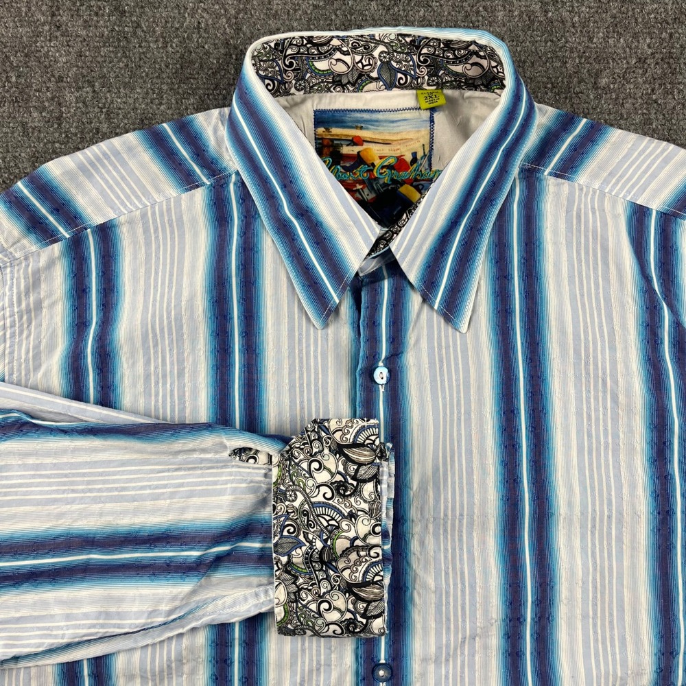 Robert Graham Mens 2XL Classic Fit Blue White Striped Long Sleeve Button Shirt